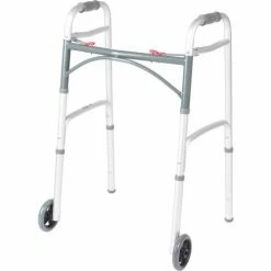 Drive Medical Deluxe Two Button Folding Walker with 5" Wheels, 17-1/2"L x 24"W, 32"- 39"H, Silver