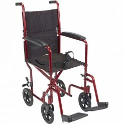 Drive Medical Lightweight Aluminum Transport Wheelchair, Red Frame, 17" Seat Width