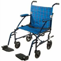 Drive Medical Fly-Lite Aluminum Transport Chair, Blue Frame, Blue Plaid Upholstery
