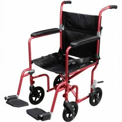 Drive Medical Fly-Weight Aluminum Transport Chair with Removable Casters, Red Frame and Black Upholstery