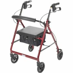 Drive Medical Aluminum Rollator with 6" Casters, Fold Up and Removable Back Support, Padded Seat, Red