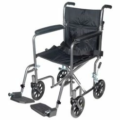 Drive Medical Lightweight Steel Transport Wheelchair, 19"W Seat, Silver Vein Frame and Black Upholstery -Wheelchairs & Physical Aids shop DML TR39E SV